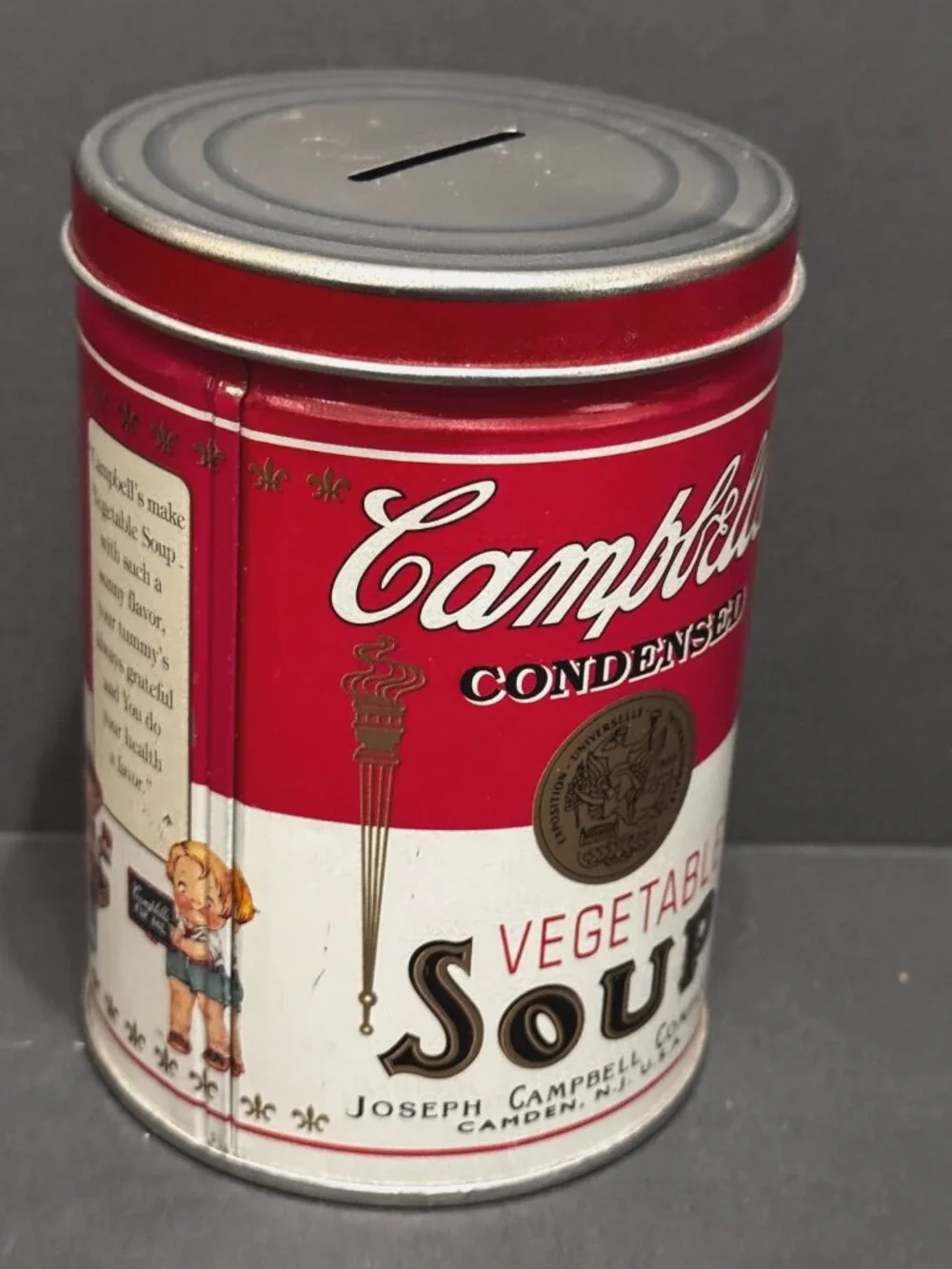 Campbell's Vegetable Soup Tin Canister Bank ft. Campbells Kids Vintage ca. 1997